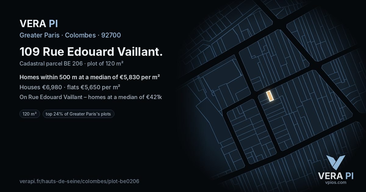 109 Rue Edouard Vaillant, Colombes at night – the plot lit, the parcels around coloured by the prices near them