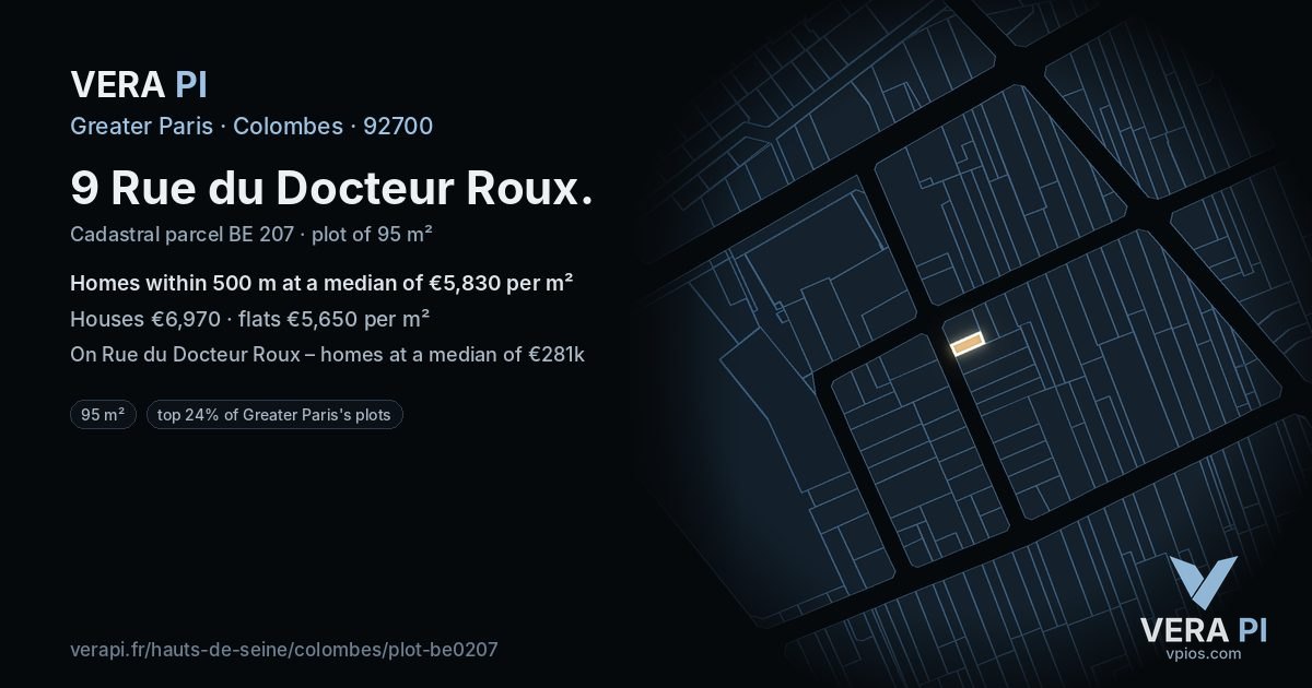 9 Rue du Docteur Roux, Colombes at night – the plot lit, the parcels around coloured by the prices near them