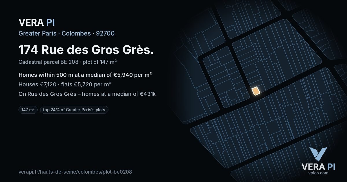 174 Rue des Gros Grès, Colombes at night – the plot lit, the parcels around coloured by the prices near them