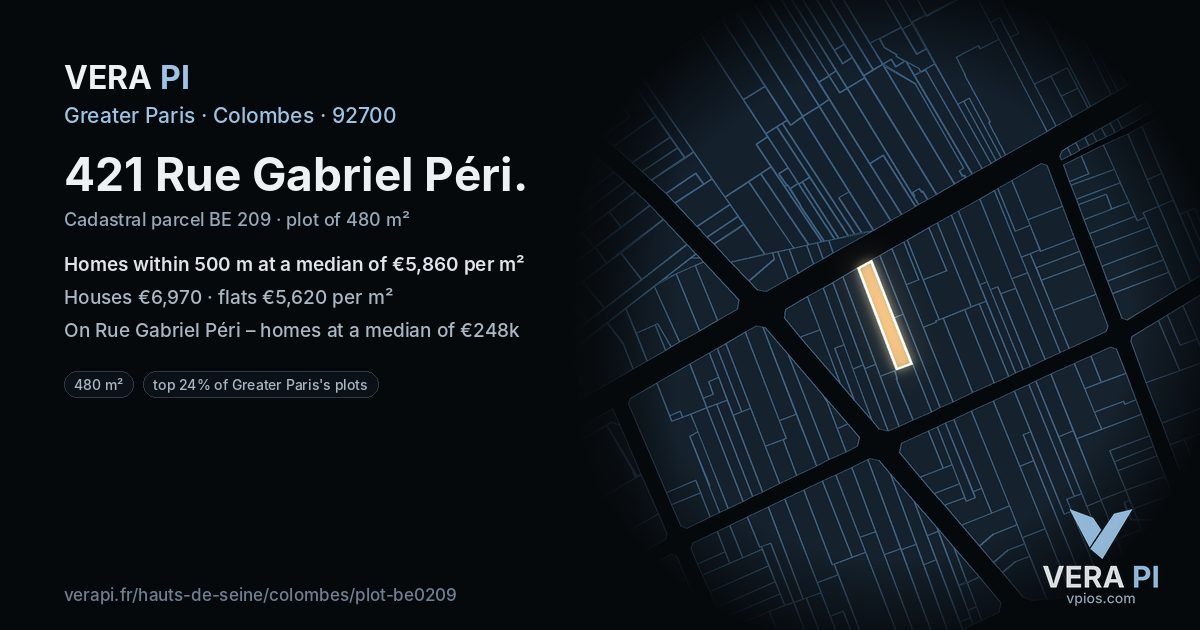 421 Rue Gabriel Péri, Colombes at night – the plot lit, the parcels around coloured by the prices near them