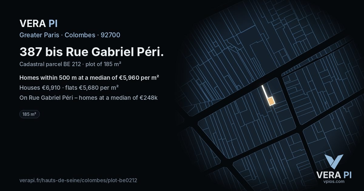 387 bis Rue Gabriel Péri, Colombes at night – the plot lit, the parcels around coloured by the prices near them