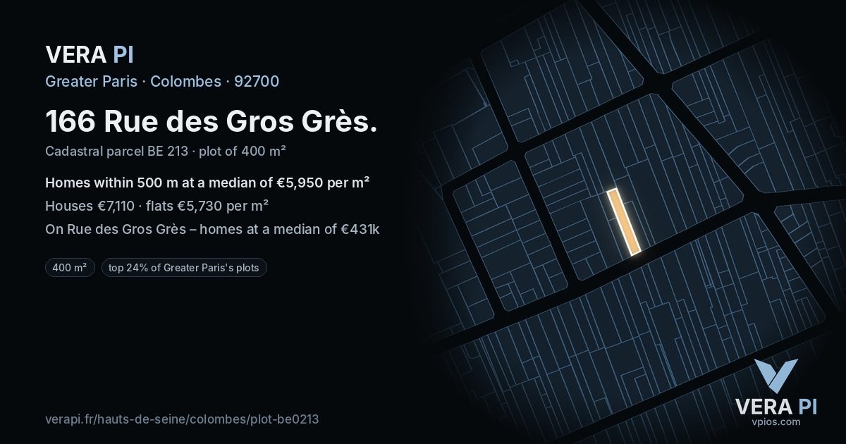 166 Rue des Gros Grès, Colombes at night – the plot lit, the parcels around coloured by the prices near them