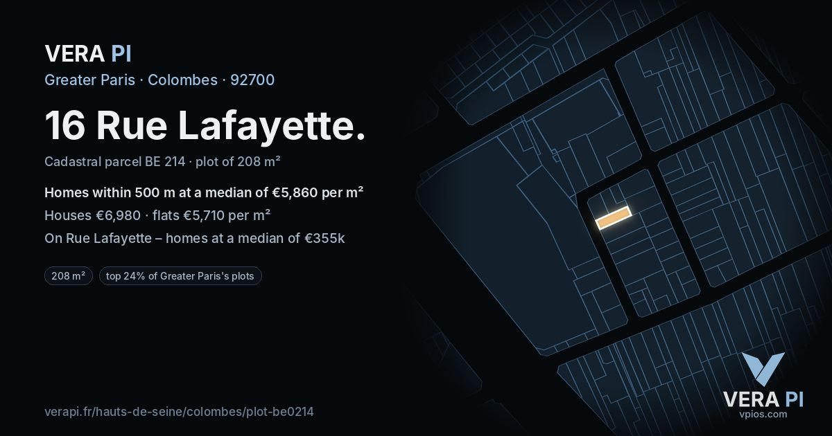 16 Rue Lafayette, Colombes at night – the plot lit, the parcels around coloured by the prices near them