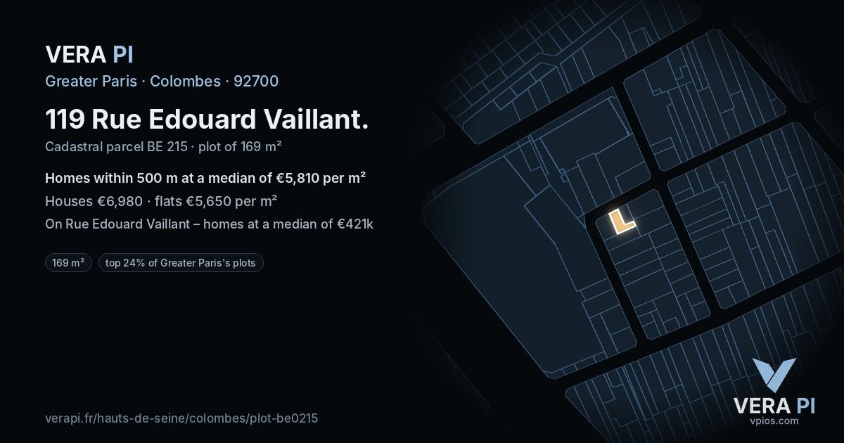 119 Rue Edouard Vaillant, Colombes at night – the plot lit, the parcels around coloured by the prices near them