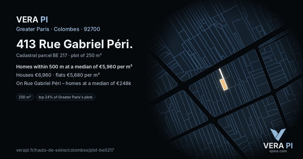 413 Rue Gabriel Péri, Colombes at night – the plot lit, the parcels around coloured by the prices near them