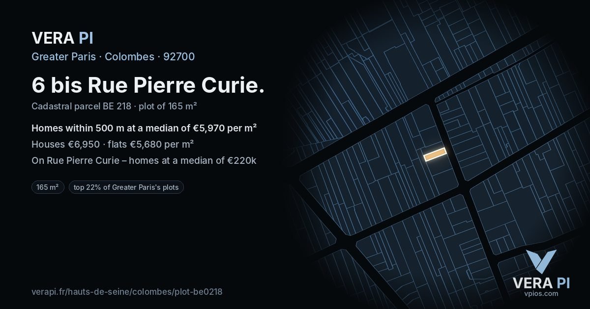 6 bis Rue Pierre Curie, Colombes at night – the plot lit, the parcels around coloured by the prices near them