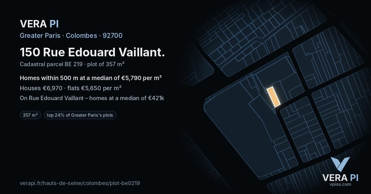150 Rue Edouard Vaillant, Colombes at night – the plot lit, the parcels around coloured by the prices near them