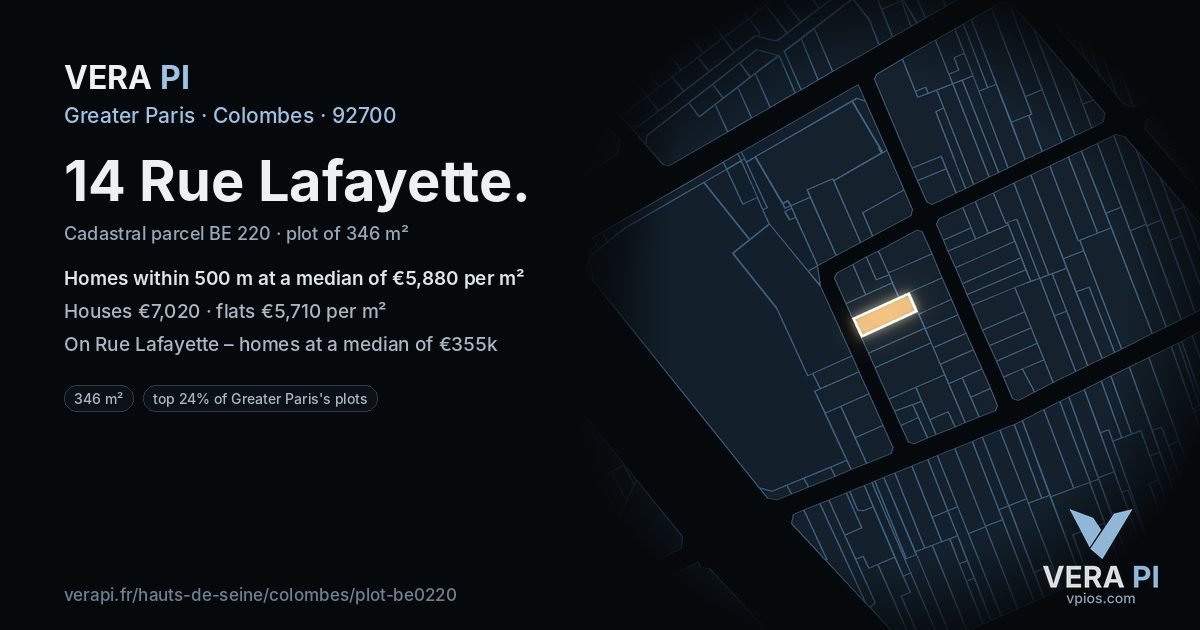 14 Rue Lafayette, Colombes at night – the plot lit, the parcels around coloured by the prices near them