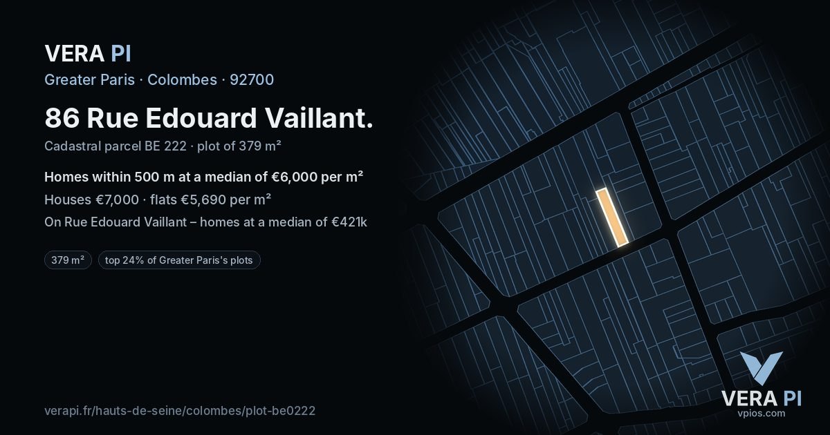 86 Rue Edouard Vaillant, Colombes at night – the plot lit, the parcels around coloured by the prices near them