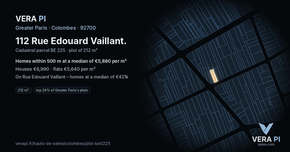 112 Rue Edouard Vaillant, Colombes at night – the plot lit, the parcels around coloured by the prices near them