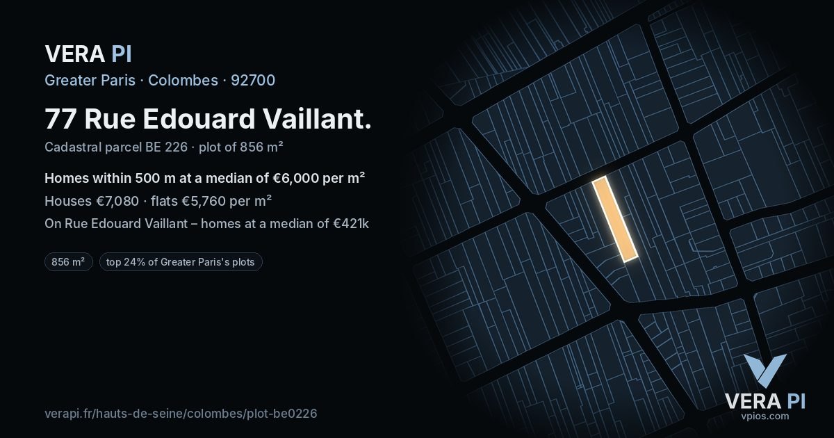77 Rue Edouard Vaillant, Colombes at night – the plot lit, the parcels around coloured by the prices near them