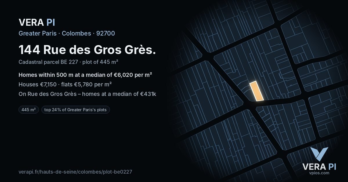 144 Rue des Gros Grès, Colombes at night – the plot lit, the parcels around coloured by the prices near them