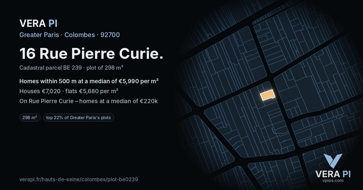 16 Rue Pierre Curie, Colombes at night – the plot lit, the parcels around coloured by the prices near them