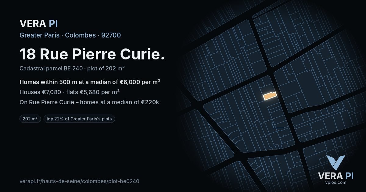 18 Rue Pierre Curie, Colombes at night – the plot lit, the parcels around coloured by the prices near them
