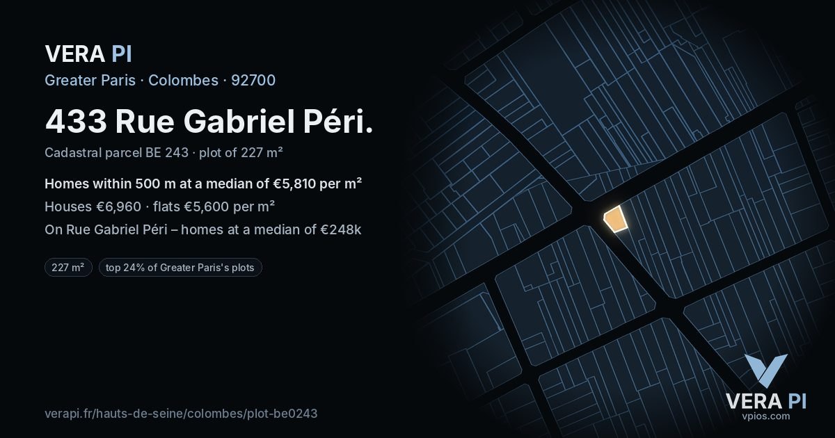 433 Rue Gabriel Péri, Colombes at night – the plot lit, the parcels around coloured by the prices near them