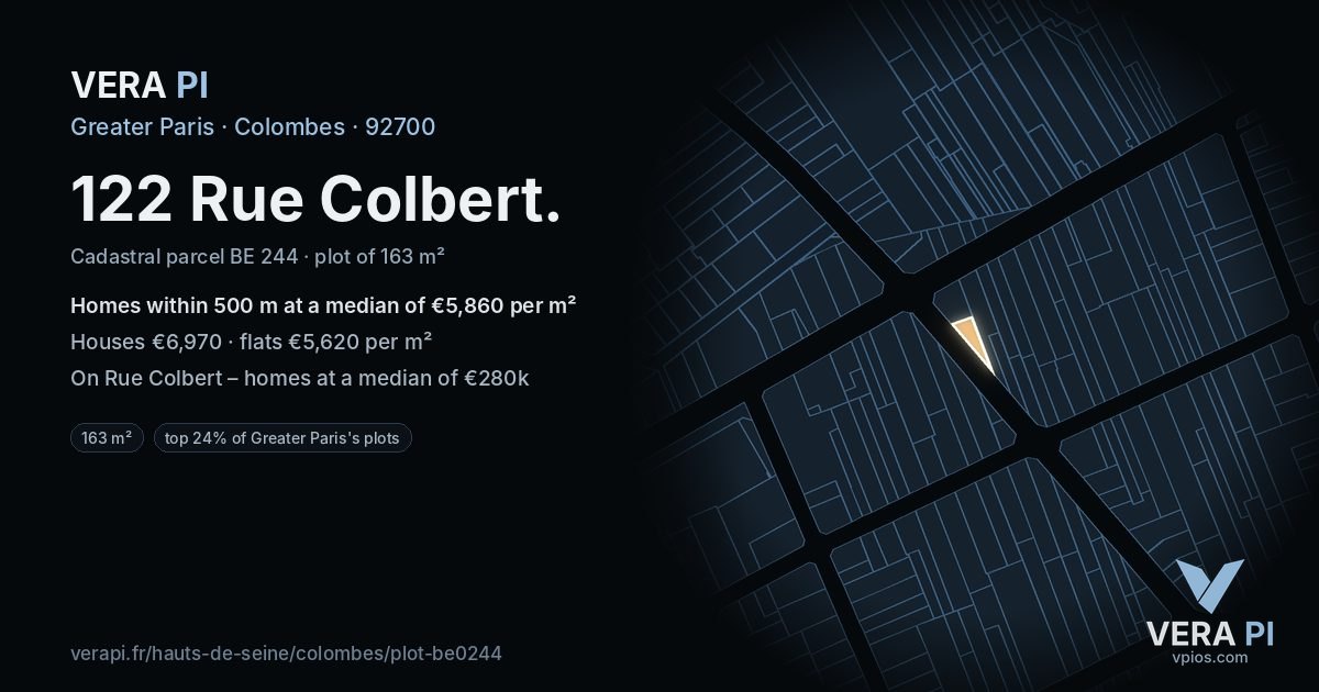 122 Rue Colbert, Colombes at night – the plot lit, the parcels around coloured by the prices near them