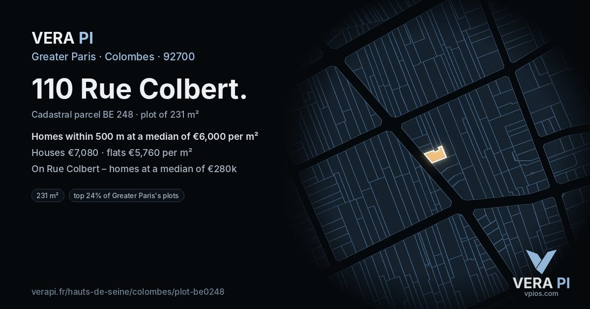 110 Rue Colbert, Colombes at night – the plot lit, the parcels around coloured by the prices near them