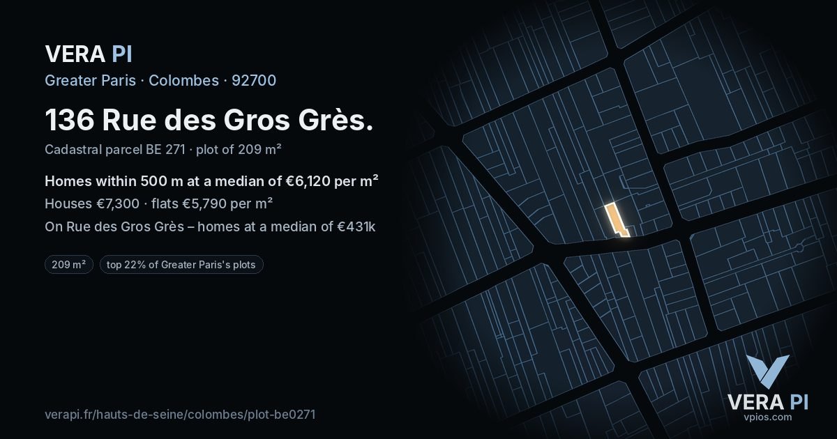136 Rue des Gros Grès, Colombes at night – the plot lit, the parcels around coloured by the prices near them