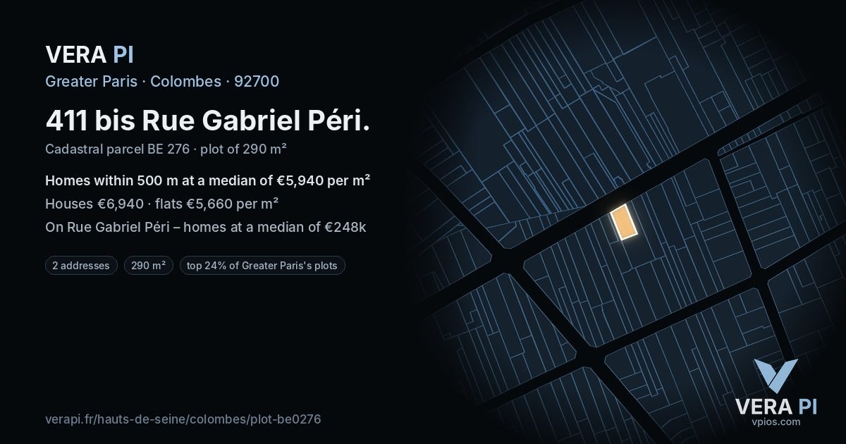 411 bis Rue Gabriel Péri, Colombes at night – the plot lit, the parcels around coloured by the prices near them