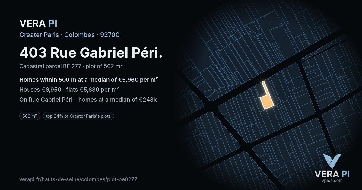 403 Rue Gabriel Péri, Colombes at night – the plot lit, the parcels around coloured by the prices near them