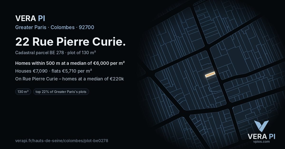 22 Rue Pierre Curie, Colombes at night – the plot lit, the parcels around coloured by the prices near them
