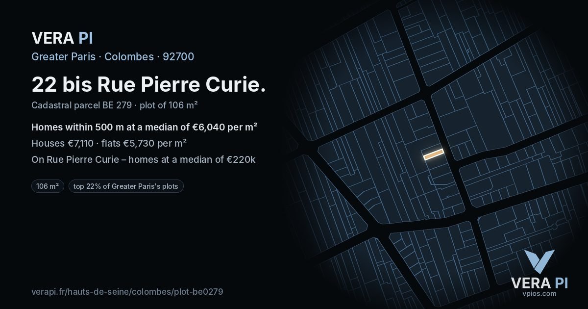 22 bis Rue Pierre Curie, Colombes at night – the plot lit, the parcels around coloured by the prices near them