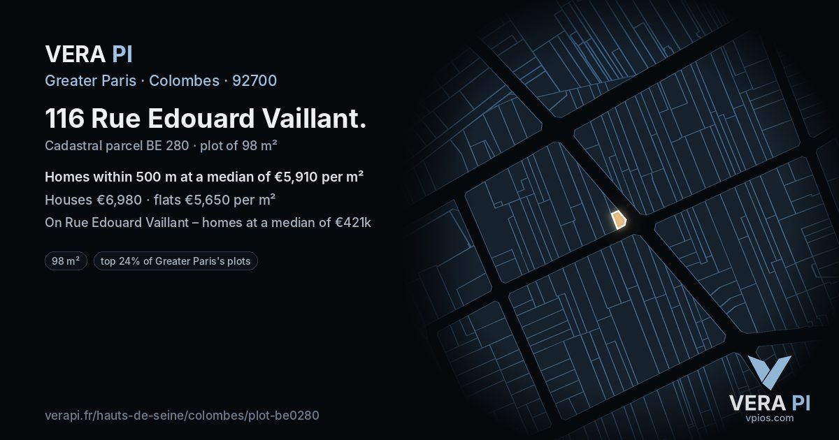 116 Rue Edouard Vaillant, Colombes at night – the plot lit, the parcels around coloured by the prices near them