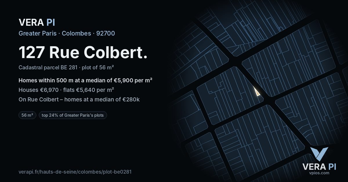 127 Rue Colbert, Colombes at night – the plot lit, the parcels around coloured by the prices near them