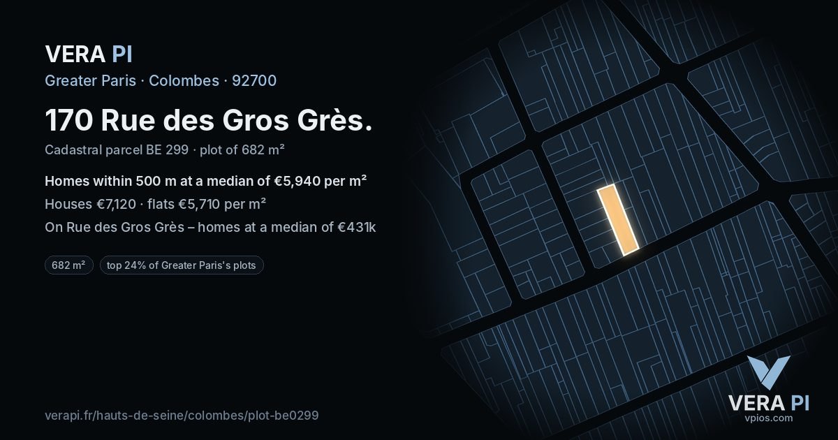 170 Rue des Gros Grès, Colombes at night – the plot lit, the parcels around coloured by the prices near them