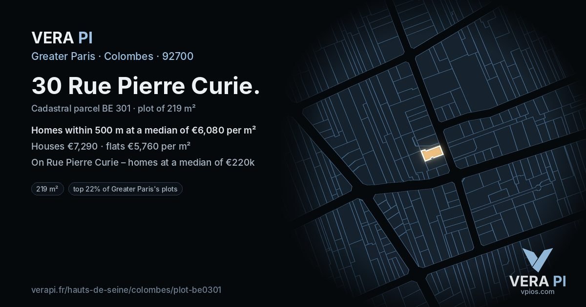 30 Rue Pierre Curie, Colombes at night – the plot lit, the parcels around coloured by the prices near them