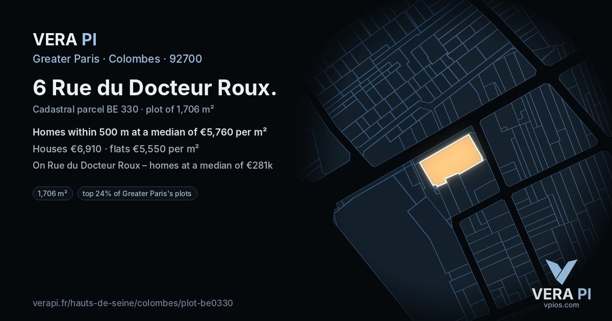 6 Rue du Docteur Roux, Colombes at night – the plot lit, the parcels around coloured by the prices near them