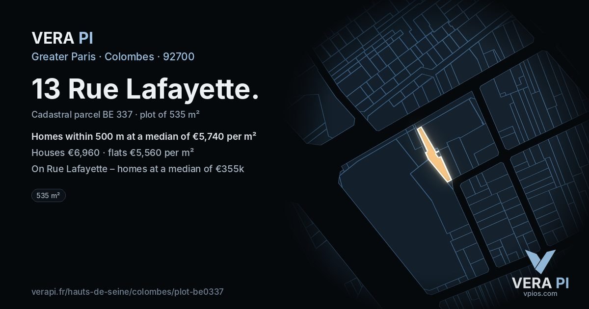 13 Rue Lafayette, Colombes at night – the plot lit, the parcels around coloured by the prices near them