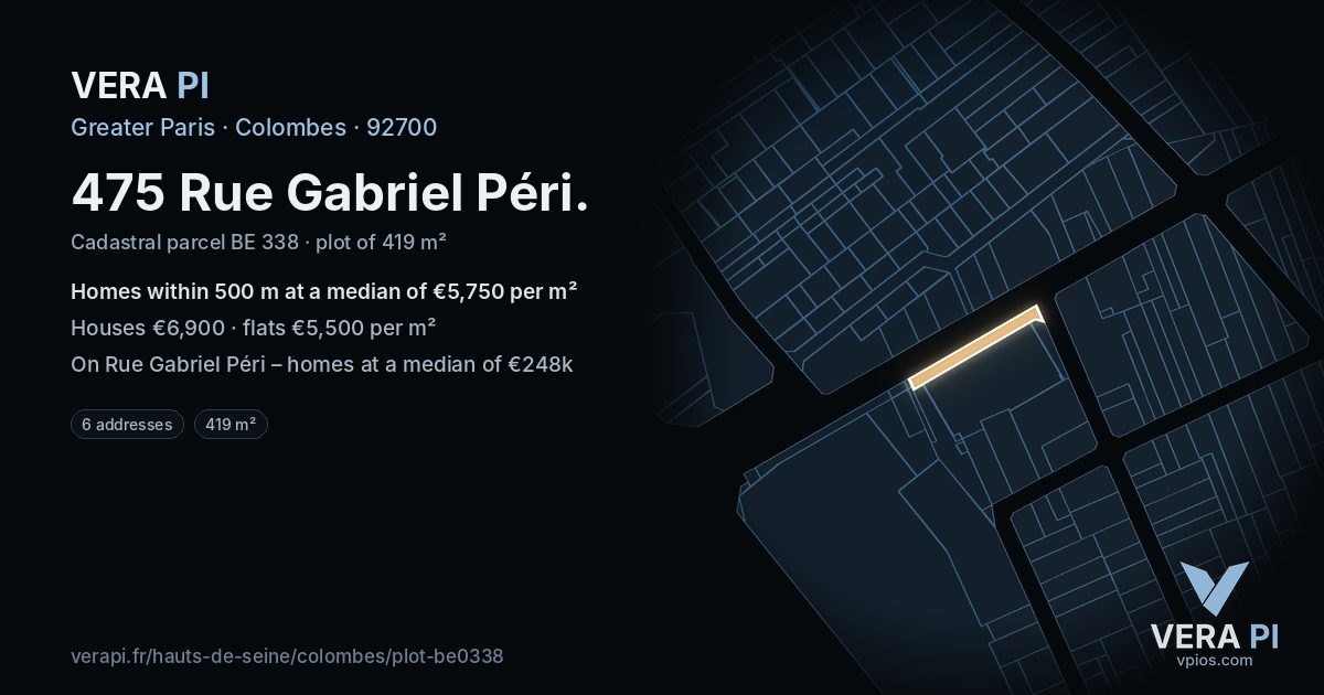475 Rue Gabriel Péri, Colombes at night – the plot lit, the parcels around coloured by the prices near them