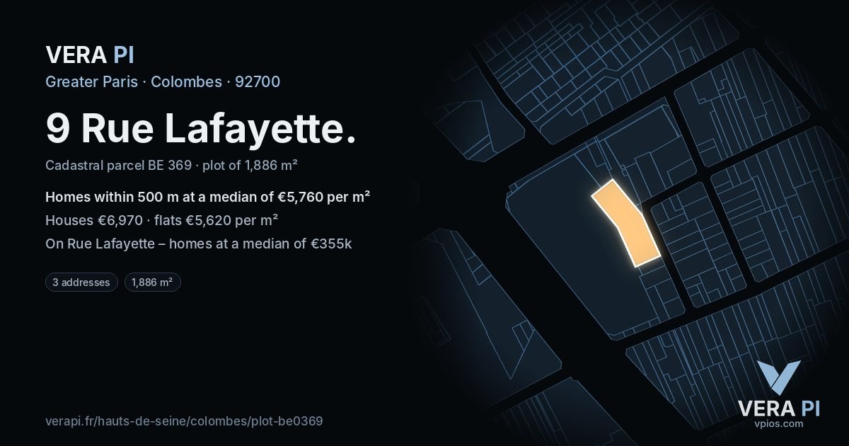 9 Rue Lafayette, Colombes at night – the plot lit, the parcels around coloured by the prices near them