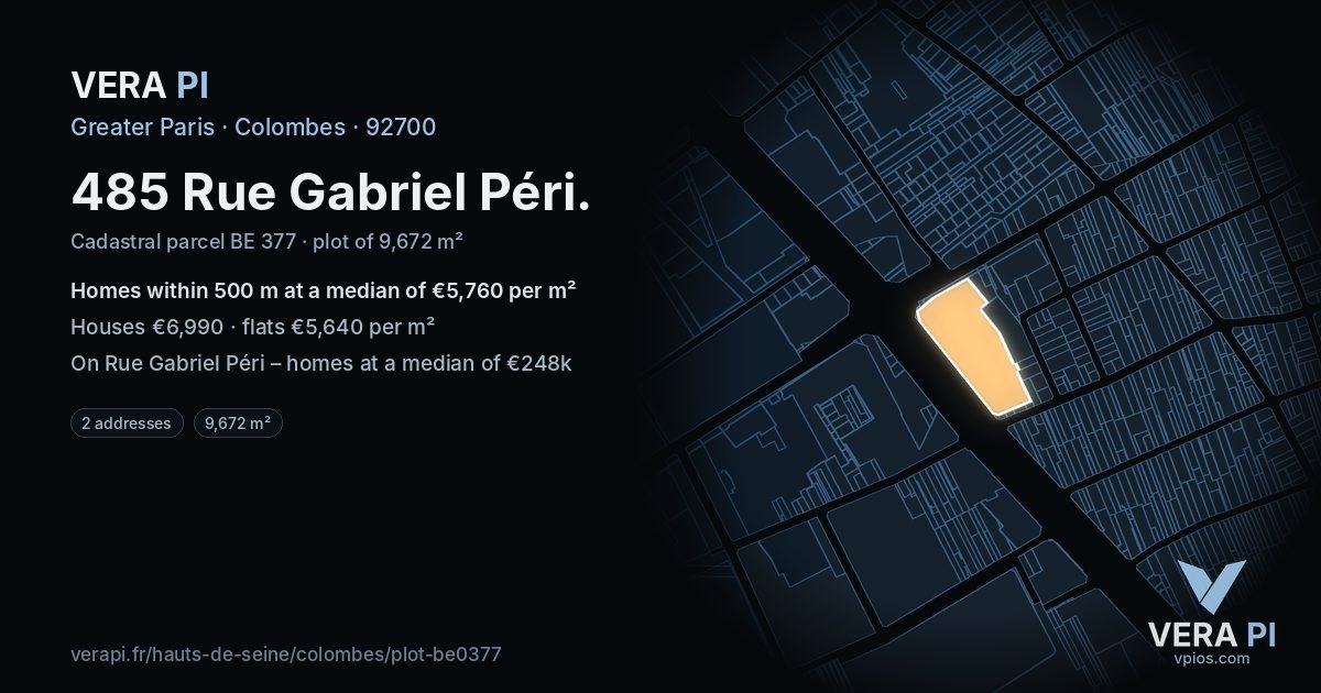 485 Rue Gabriel Péri, Colombes at night – the plot lit, the parcels around coloured by the prices near them