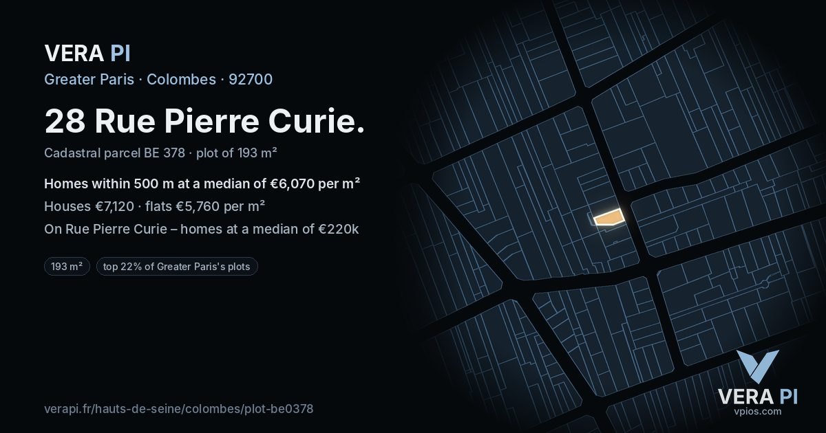 28 Rue Pierre Curie, Colombes at night – the plot lit, the parcels around coloured by the prices near them