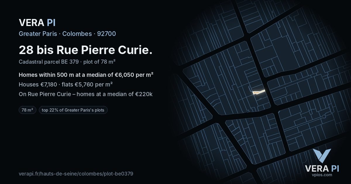 28 bis Rue Pierre Curie, Colombes at night – the plot lit, the parcels around coloured by the prices near them