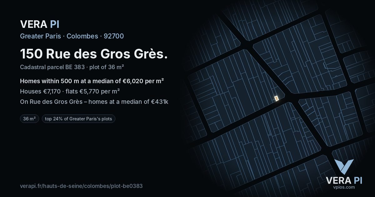 150 Rue des Gros Grès, Colombes at night – the plot lit, the parcels around coloured by the prices near them