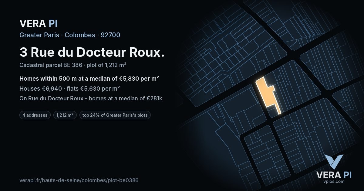 3 Rue du Docteur Roux, Colombes at night – the plot lit, the parcels around coloured by the prices near them