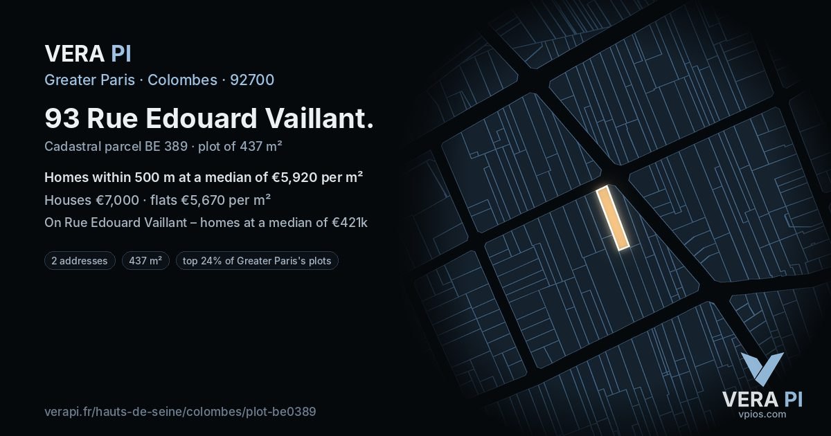 93 Rue Edouard Vaillant, Colombes at night – the plot lit, the parcels around coloured by the prices near them