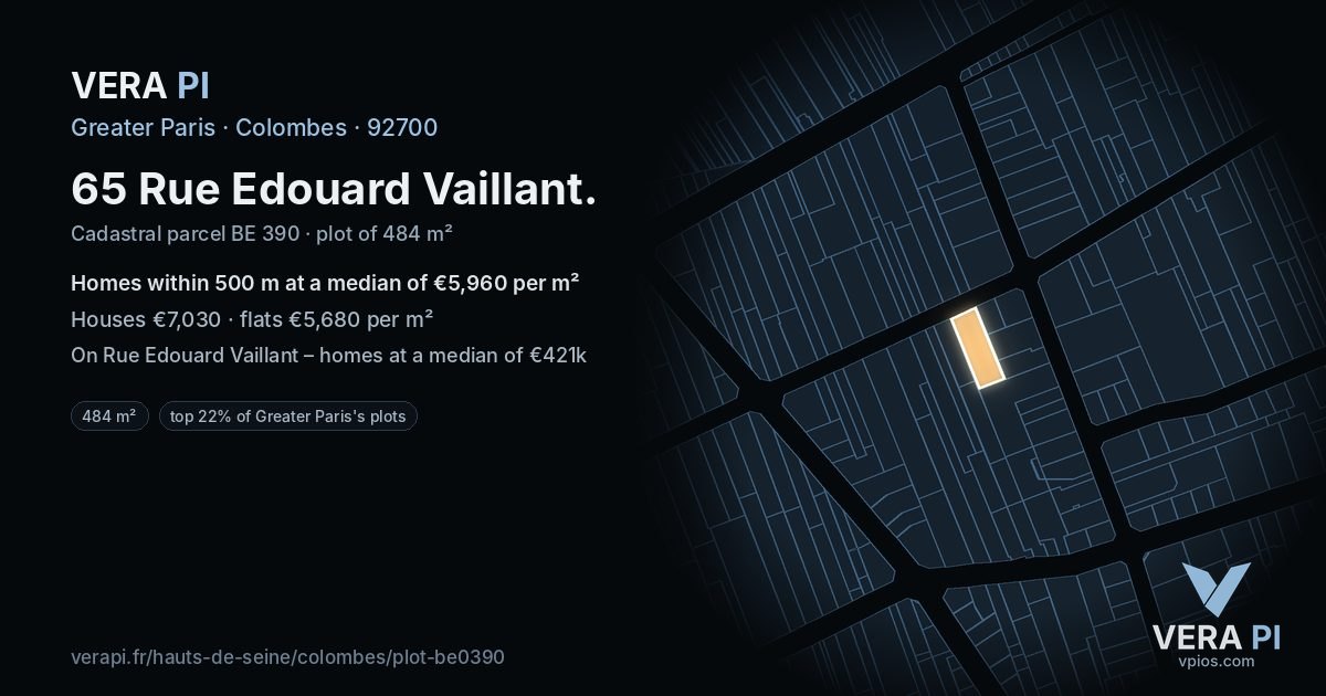 65 Rue Edouard Vaillant, Colombes at night – the plot lit, the parcels around coloured by the prices near them