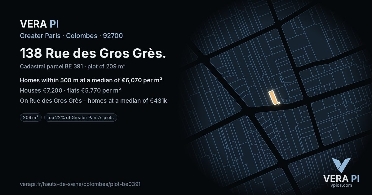 138 Rue des Gros Grès, Colombes at night – the plot lit, the parcels around coloured by the prices near them