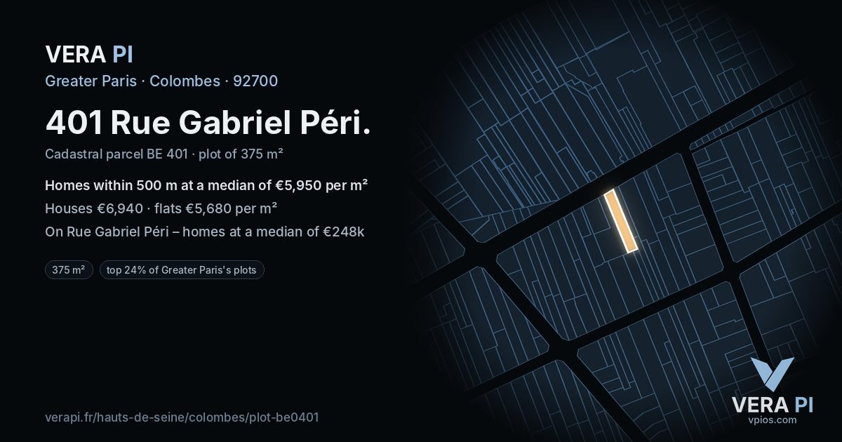401 Rue Gabriel Péri, Colombes at night – the plot lit, the parcels around coloured by the prices near them