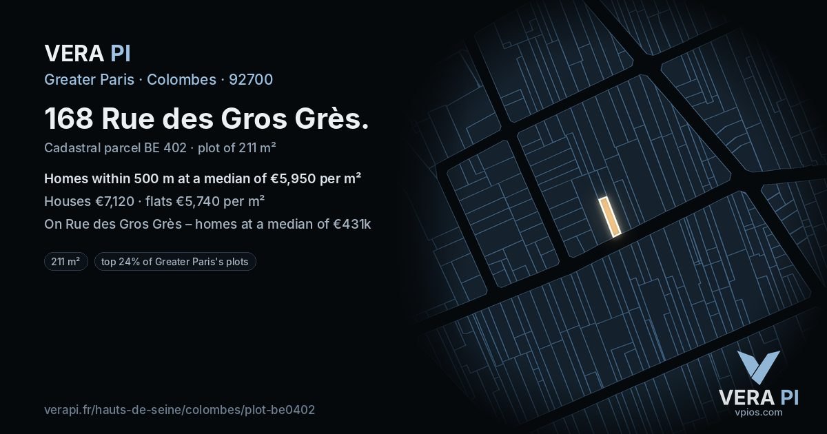 168 Rue des Gros Grès, Colombes at night – the plot lit, the parcels around coloured by the prices near them