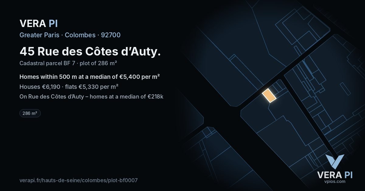 45 Rue des Côtes d’Auty, Colombes at night – the plot lit, the parcels around coloured by the prices near them