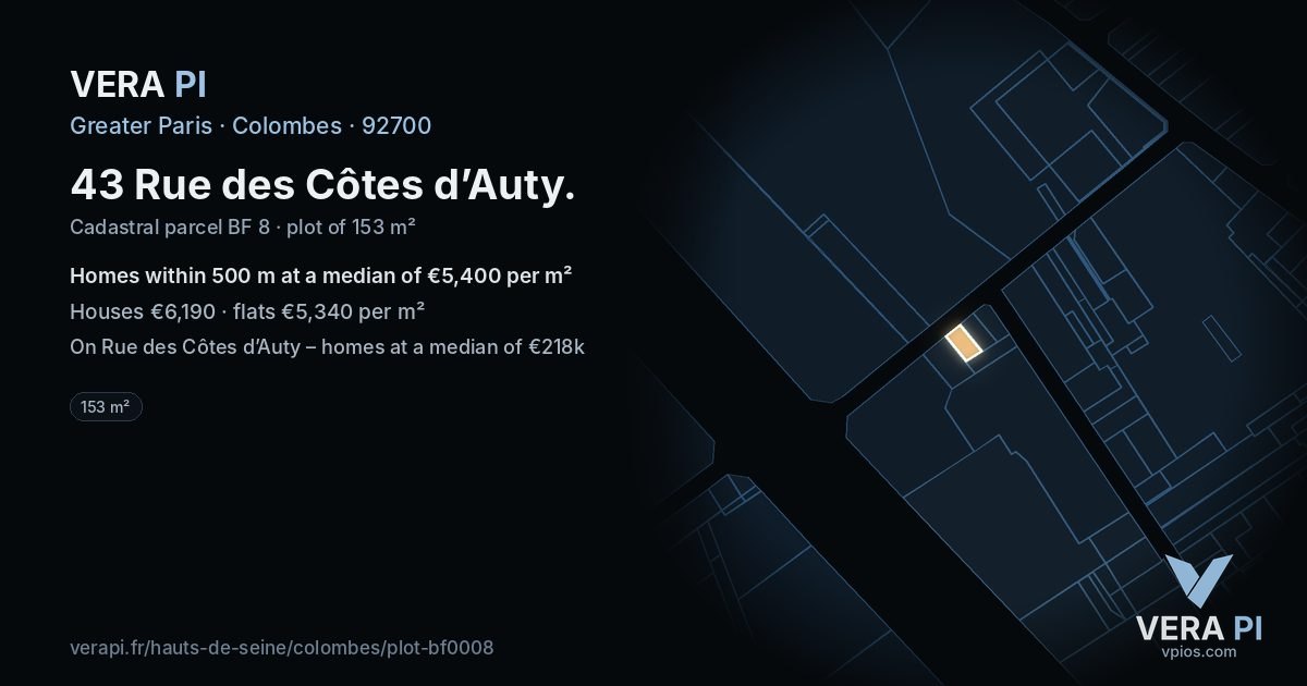 43 Rue des Côtes d’Auty, Colombes at night – the plot lit, the parcels around coloured by the prices near them