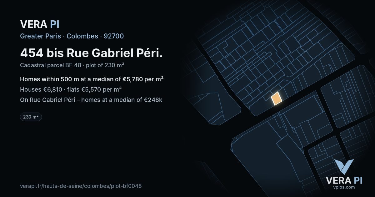 454 bis Rue Gabriel Péri, Colombes at night – the plot lit, the parcels around coloured by the prices near them