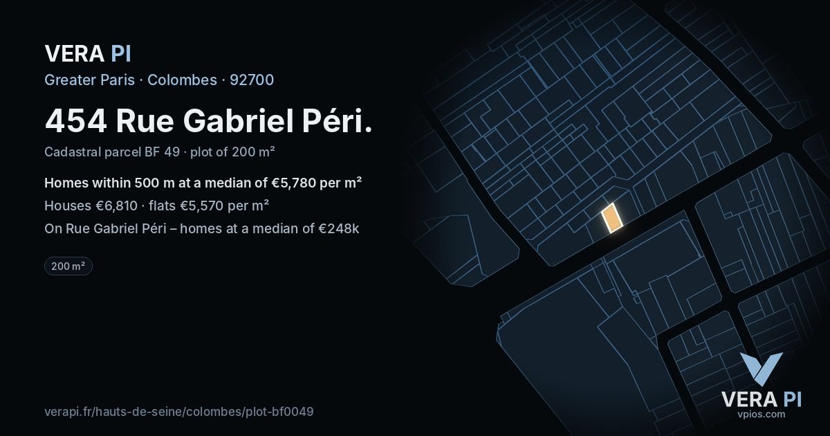 454 Rue Gabriel Péri, Colombes at night – the plot lit, the parcels around coloured by the prices near them
