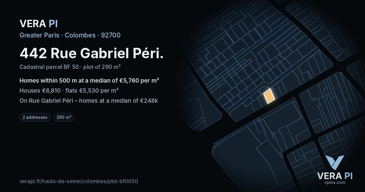 442 Rue Gabriel Péri, Colombes at night – the plot lit, the parcels around coloured by the prices near them