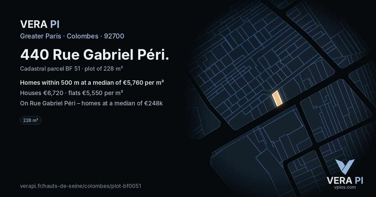 440 Rue Gabriel Péri, Colombes at night – the plot lit, the parcels around coloured by the prices near them